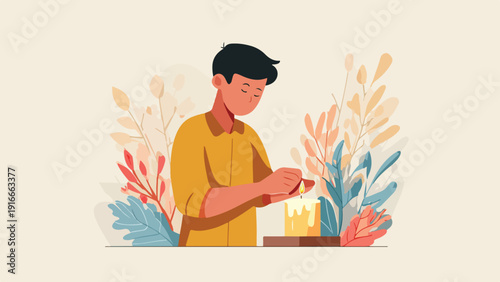 Person lighting a candle amidst stylized foliage