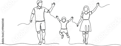 Vector illustration of continuous line family symbolizing unity, caregiving, joy, childhood, culture, community, education, and social values