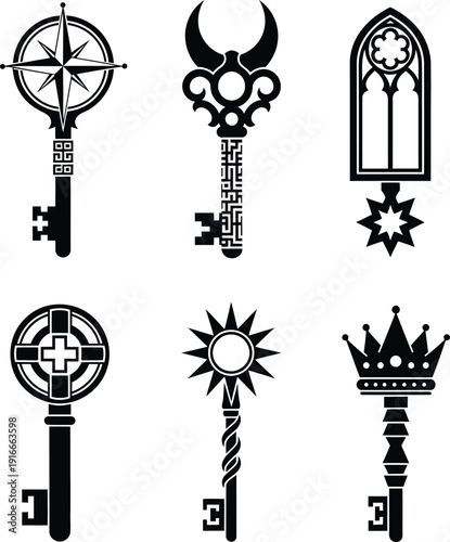 Fantasy keys vector set flat style illustration isolated on transparency background, various shapes antique mystic elements for app and web ui.