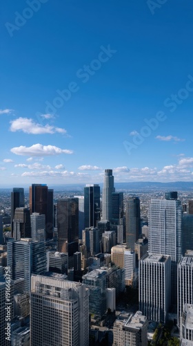 Aerial View of Financial District with Modern Skyscrapers and Blue Sky Background