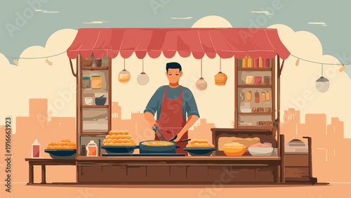 Man prepares food at a street stall with city skyline behind