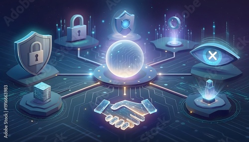 Digital Trust Infrastructure Landscape Representing Cybersecurity Protection, Data Encryption and Secure Network Architecture Concept