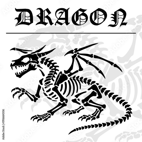 Dragon Skeleton Illustration with Winged Bone Structure in Y2K Style