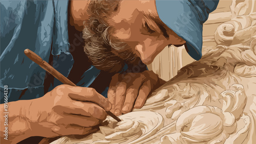 A sculptor meticulously carves intricate details into a stone artwork with focused concentration