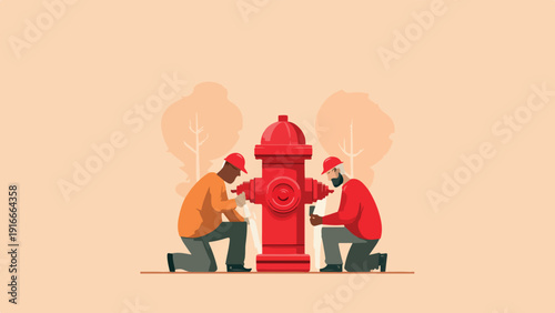 Two men in hats inspecting a bright red fire hydrant, with stylized trees in background
