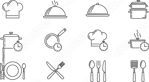 Professional kitchen and restaurant line icon set featuring chef hats steaming platters cooking pots with timers and cutlery isolated on white background vector.