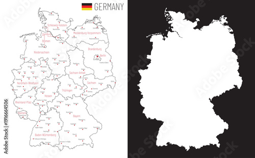 Outline map of Germany with main cities and states, vector illustration on white background