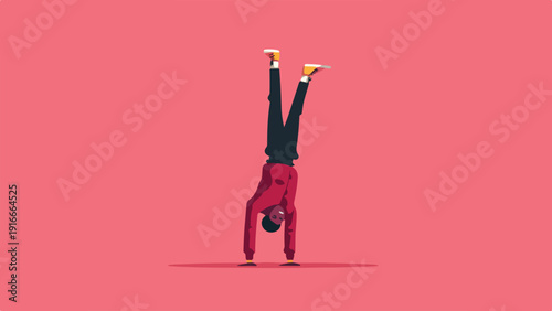 Person doing a handstand on a pink background, holding drinks