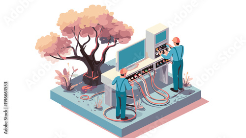Two workers connect cables to a computer system next to a stylized tree and plants