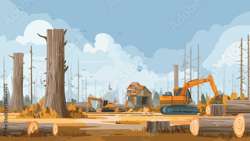 Excavators clear a logged forest, debris and fallen trees scattered around