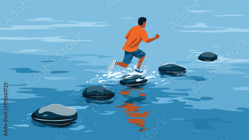 Man jogs across stepping stones in a calm blue body of water with reflections