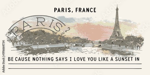 Paris france a vintage style illustration with the eiffel tower and seine river