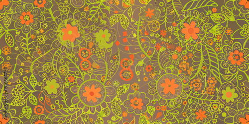 A vibrant floral pattern with orange and green blossoms on a beige background