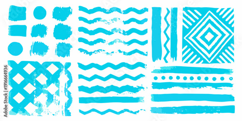 Collection of turquoise brushstroke patterns and geometric shapes on white