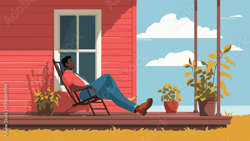 Man relaxing on porch in rocking chair with plants and blue sky