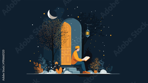 A man sits in front of an illuminated doorway, reading a book under a starry night sky