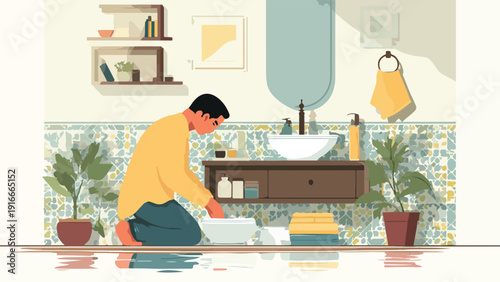 Man cleans bathroom sink in colorful, retro-style room with plants
