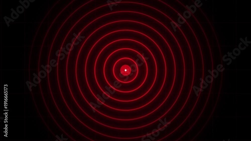 Red Radar Screen Scanning for Targets. Sci-fi HUD Animation of Sonar Waves and Signal Detection. Futuristic Military Interface with Expanding Rings on a Grid Background