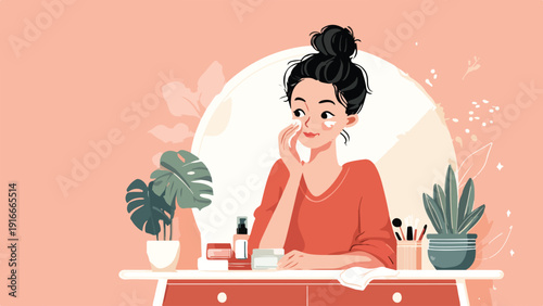 Woman applying facial cream in a pastel room with plants and beauty products