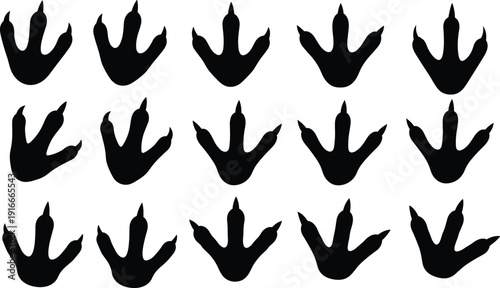 Vector illustration of dinosaur footprints pattern, three toe marks, black silhouettes, repetitive grid design, prehistoric theme, educational icon, bold graphic artwork