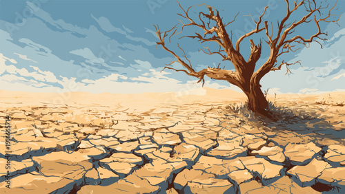 A solitary dead tree stands in a parched, cracked desert landscape under a vast, cloudy sky