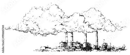 Industrial power plant chimneys emitting thick smoke clouds sketch