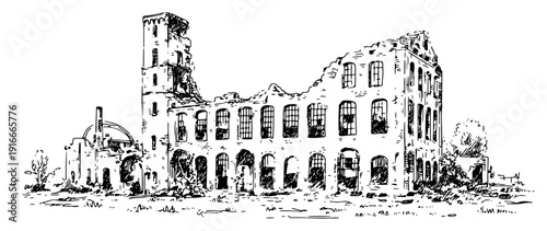 Ruined abandoned building with crumbling brick walls sketch