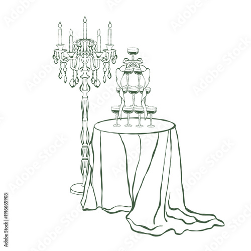 A festive table with a champagne tower adorned with a whimsical bow. A vintage classic floor lamp with a candelabra and candles. Illustration for wedding. Vector outline clipart on a white background.