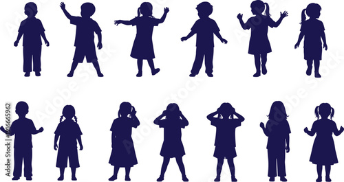 Vector illustration of playful children silhouettes symbolizing childhood, joy, movement, education, culture, community, and social values