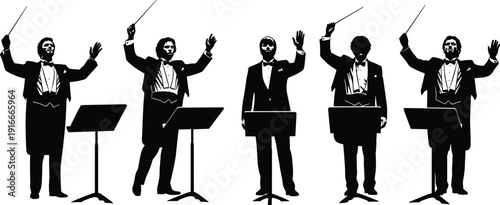 Set of Five Black Orchestra Conductor Silhouettes Standing at Music Stands with Batons Raised Performing Classical Concert on White Background