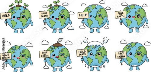 Cute Earth Cartoon Characters Collection with Save Planet and Help Environment Messages Vector Illustration Set for Ecology Awareness Design