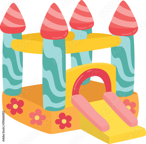 Bright illustration of inflatable castle bouncy house. Colorful object for children playground isolated on white