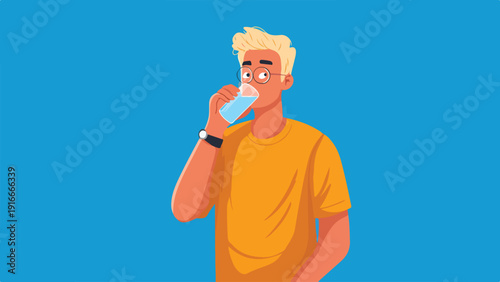 Young man with blond hair and glasses drinks water from a glass