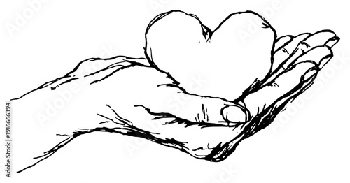 Human hands holding a heart symbol in a hand drawn sketch style