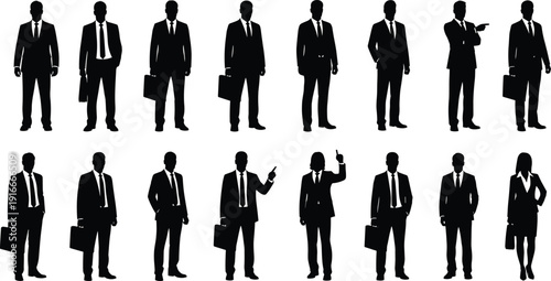 Black Vector Silhouettes of Businessmen and Businesswomen in Suits Holding Briefcases Standing and Pointing Isolated on White Background for Corporate and Professional Office Design