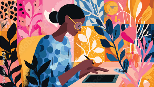 A person with glasses drawing on a tablet amidst vibrant abstract foliage