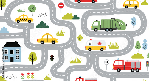 City Road Map Pattern with Cars Taxi Ambulance and Fire Truck Vector Illustration for Kids Play Mat, Traffic and Transportation Design