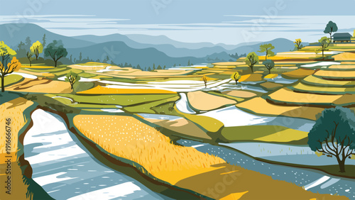 Stylized terraces with water features and distant hills under a hazy sky