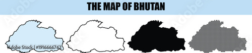 Bhutan Map Vector Set: Outline Solid Black Dotted and Blue Filled Shapes