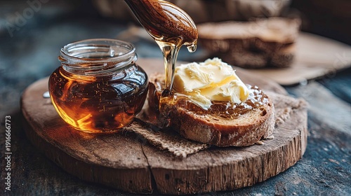 Delicious fresh bread topped with butter and honey on wooden table