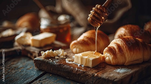 Fresh Croissants with Butter and Honey on Rustic Wooden Table