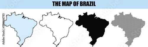 Brazil Map Vector Set: Outline Silhouette Dotted Styles for South America Geography