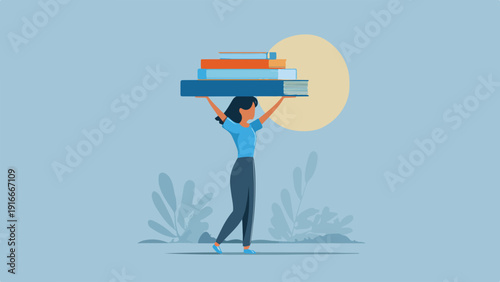 Woman balances stack of books overhead against a pastel backdrop with shadow plants