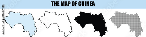 Outline Map of Guinea in Four Styles: Blue White Black and Dotted Vector