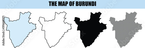 Vector Map of Burundi in Different Styles: Outline Solid Black and Dotted Pattern