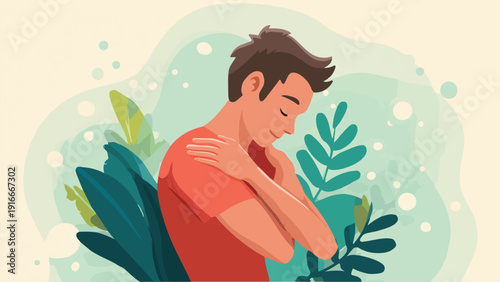 Serene young person embraces themselves amidst lush, abstract foliage