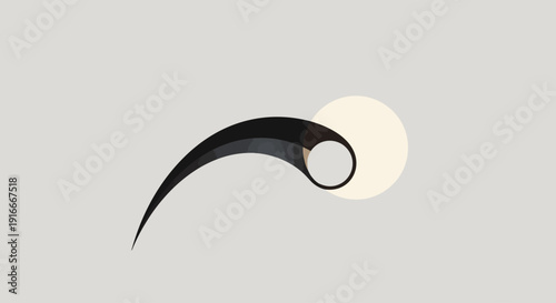 A minimalist digital illustration of a curved black shape with a circular void, set against a light gray background with a pale circular form partially obscured.