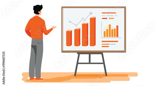 Man in orange shirt presenting growth charts on a whiteboard
