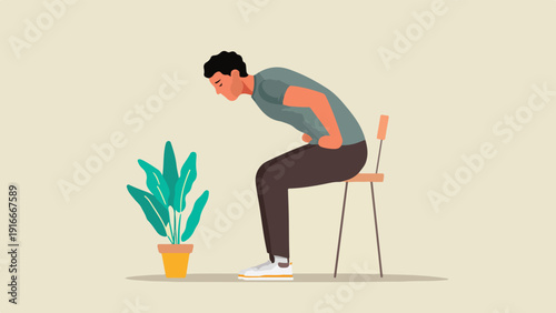 Man sitting on chair holding stomach, looking down at potted plant