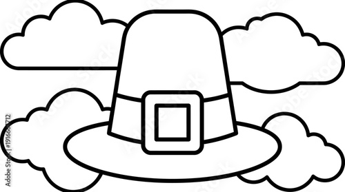 Detailed line art illustration of a classic pilgrim hat with buckle, surrounded by fluffy clouds